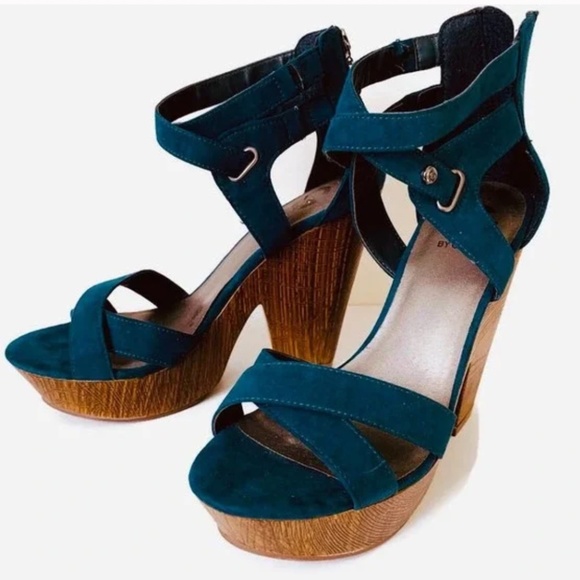 G By Guess Shoes - Guess Y2K Teal Suede Strappy Zip Back Wooden Platform High Heel Size 9M